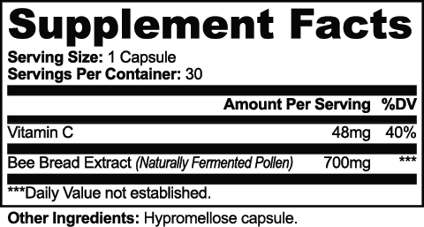 Supplement facts panel for VERA Bee Pearl: freeze-dried bee bread extract and vitamin C, 30 vegetarian capsules