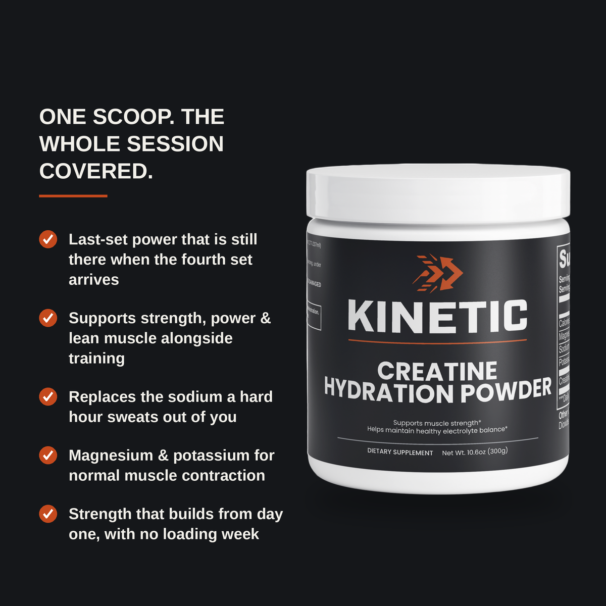 One scoop. The whole session covered. Five reasons people love KINETIC Creatine Hydration Powder, shown beside the lemon tub.