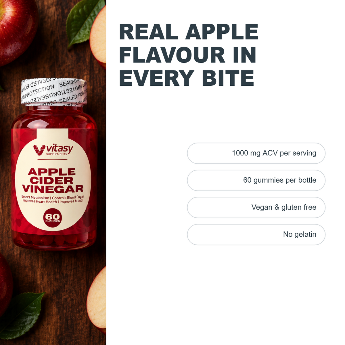 Real apple flavour in every bite - 1000 mg ACV, 60 gummies, vegan and gluten free, no gelatin