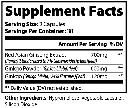 Supplement Facts panel for CORTEX Ginkgo Biloba + Ginseng, 60 capsules — red Asian ginseng extract standardised to 7% ginsenosides, ginkgo biloba leaf powder, ginkgo biloba leaf extract standardised to 24% flavones, hypromellose capsule shell, silicon dioxide