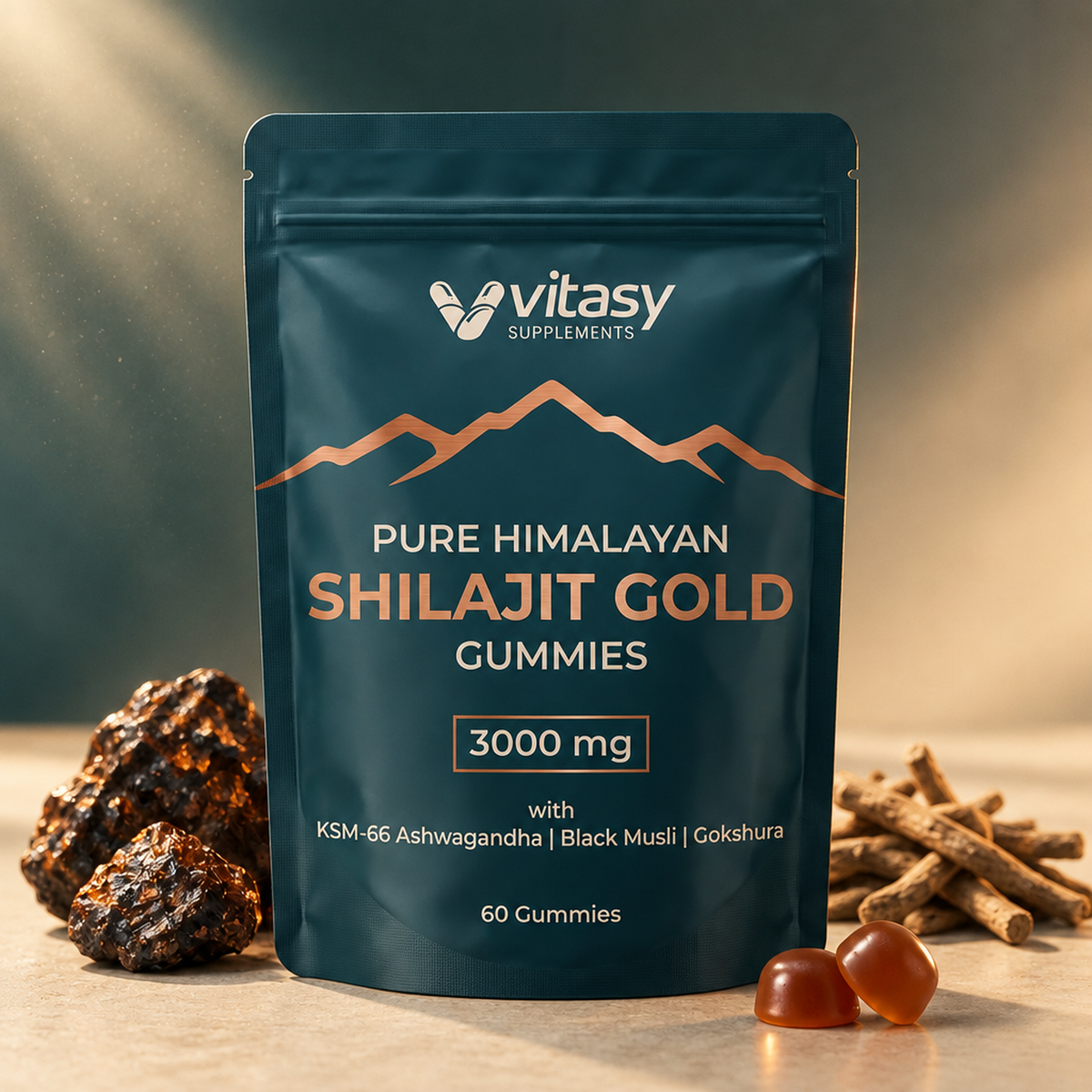 Shilajit Gummies v2.2 - 01 Hero packshot, Vitasy Pure Himalayan Shilajit Gold Gummies pouch