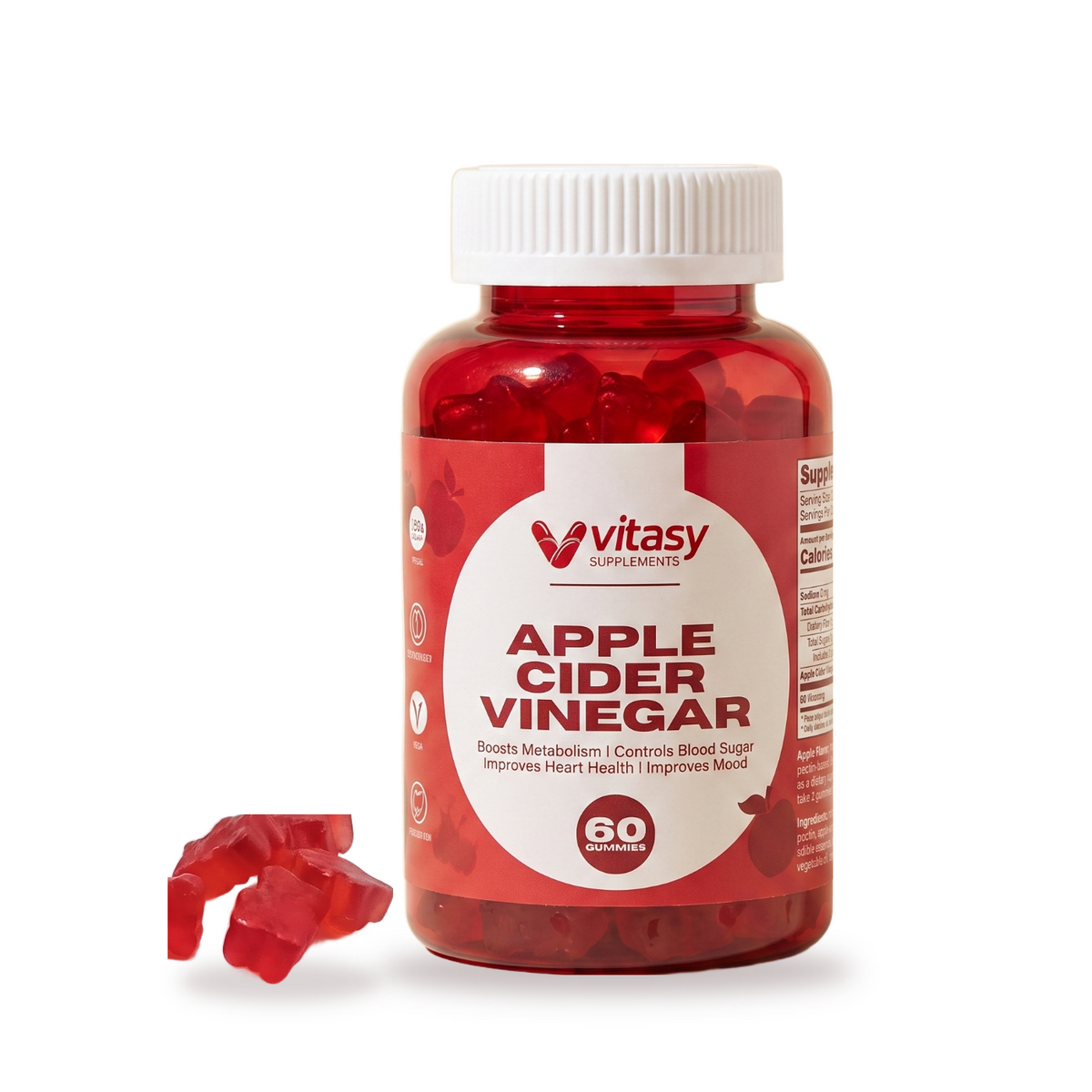Vitasy Apple Cider Vinegar Gummies jar with loose red gummy bears on a white background