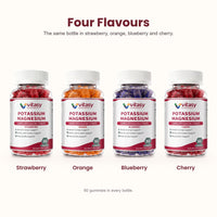 Four flavours - strawberry, orange, blueberry and cherry Potassium Magnesium Gummies
