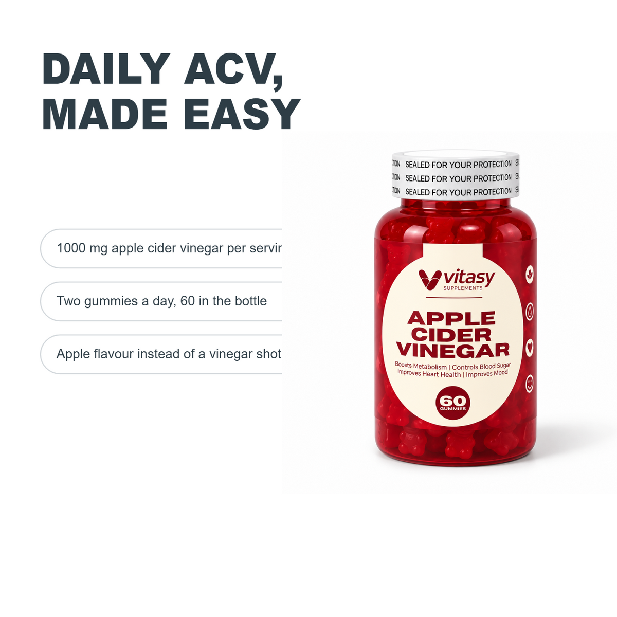 Daily ACV made easy - 1000 mg apple cider vinegar per serving, two gummies a day