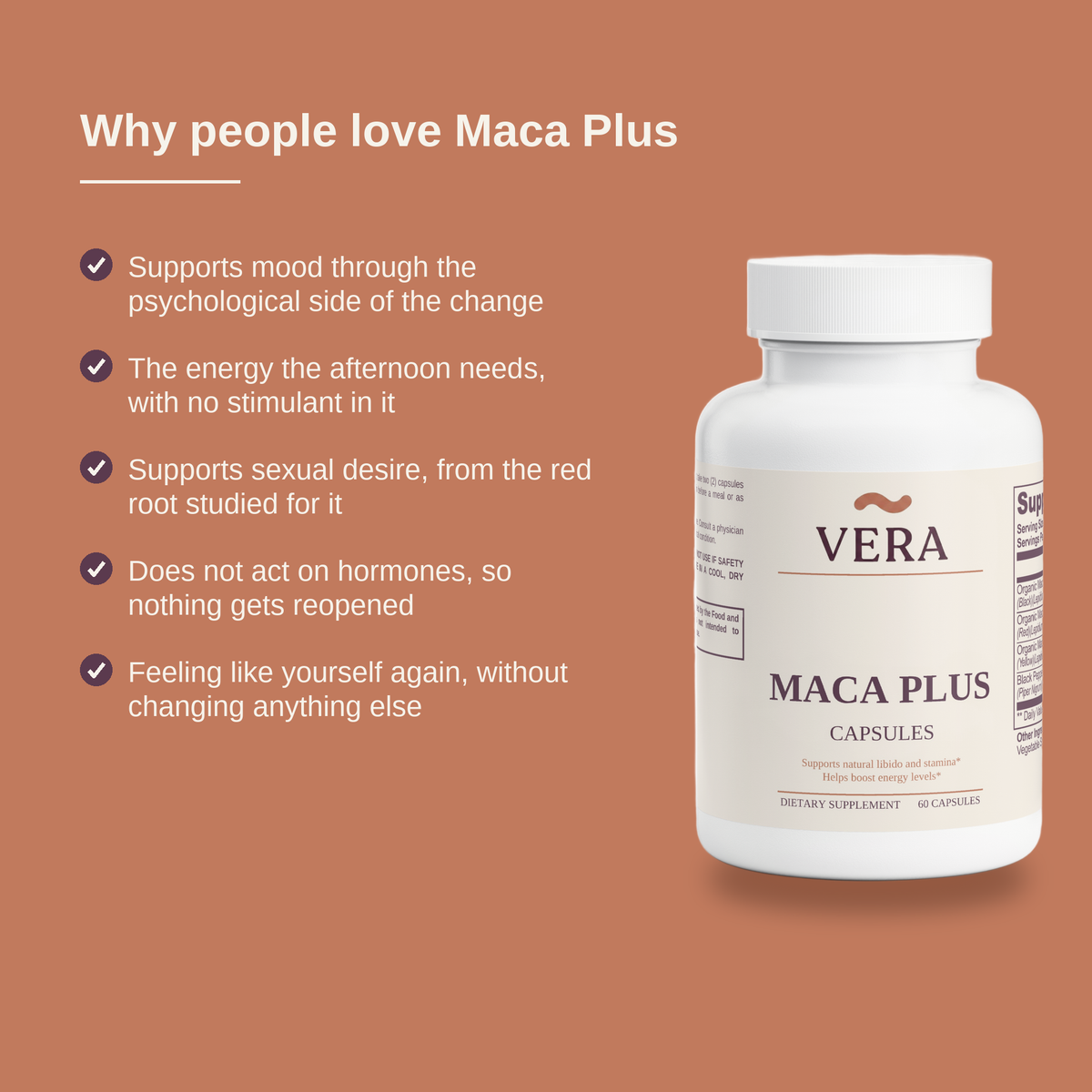 Why people love VERA Maca Plus - five benefits, with the real Maca Plus bottle