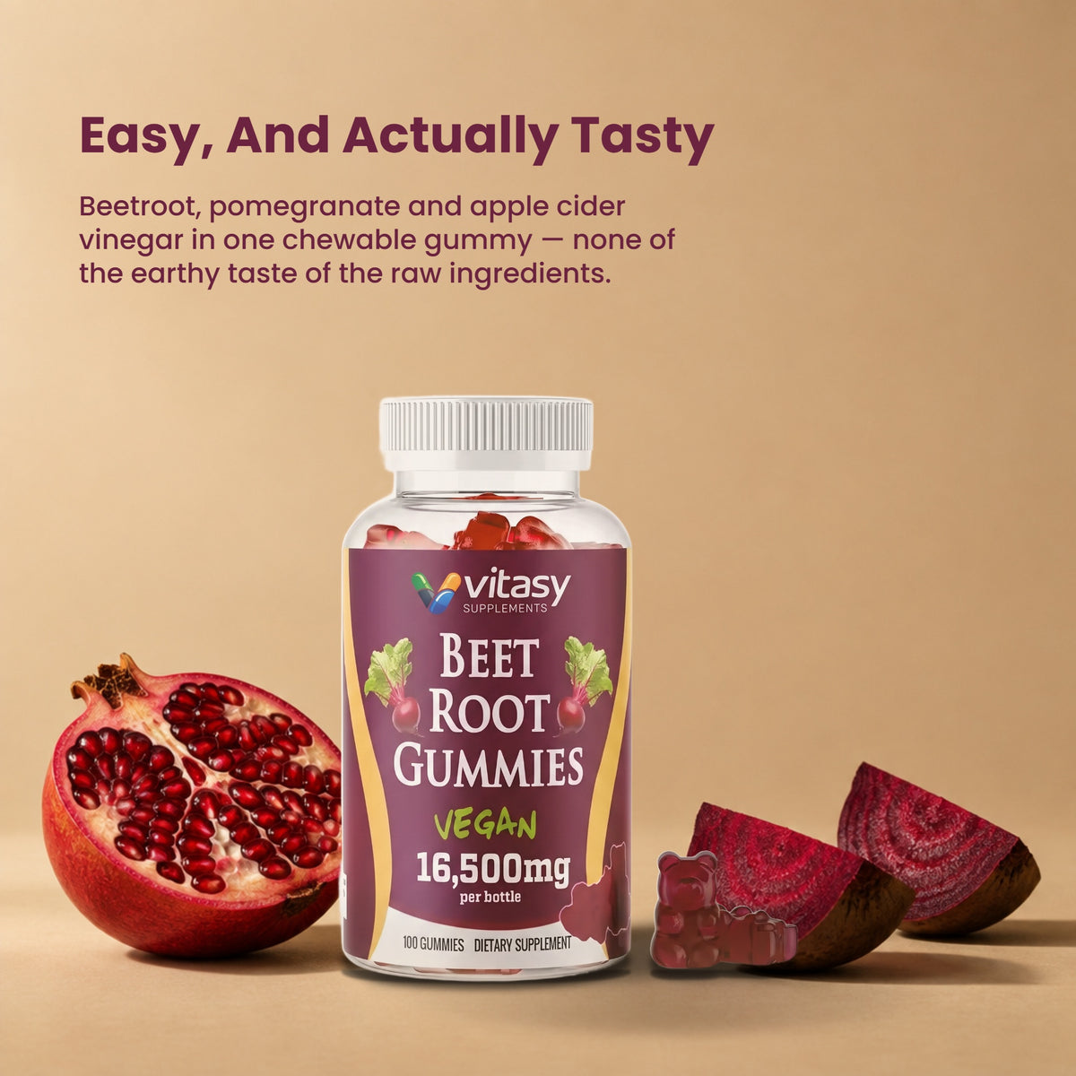 Easy and actually tasty - beetroot, pomegranate and apple cider vinegar in one chewable gummy