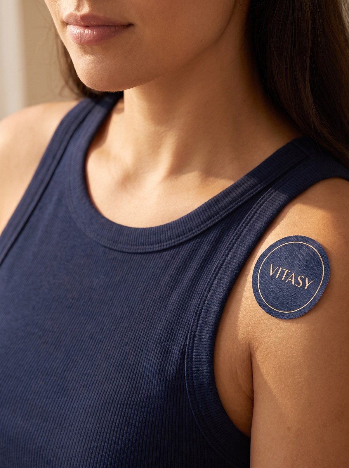 Woman wearing a round navy Vitasy patch