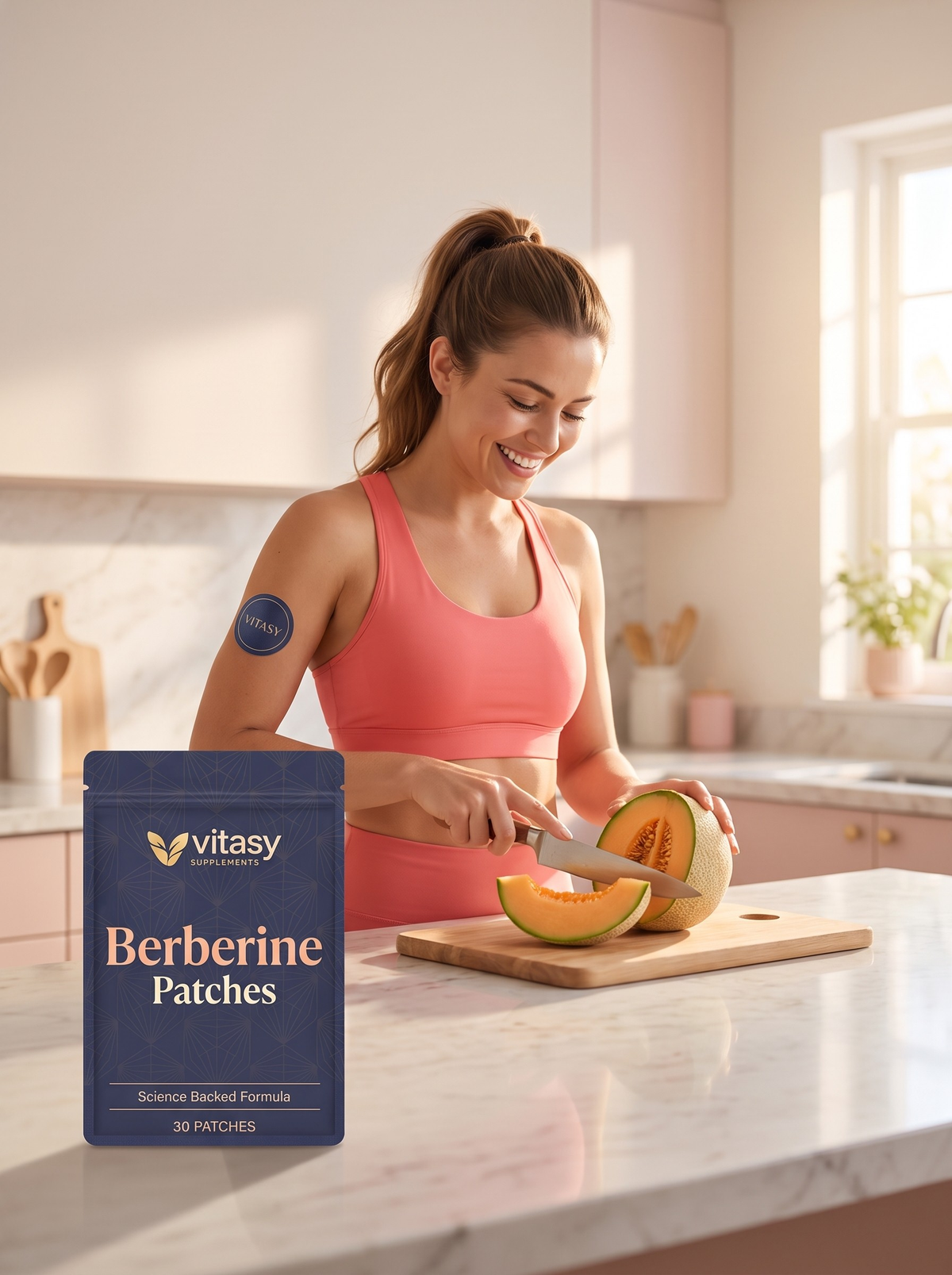 Smiling woman in a bright kitchen next to a pouch of Vitasy Berberine Patches