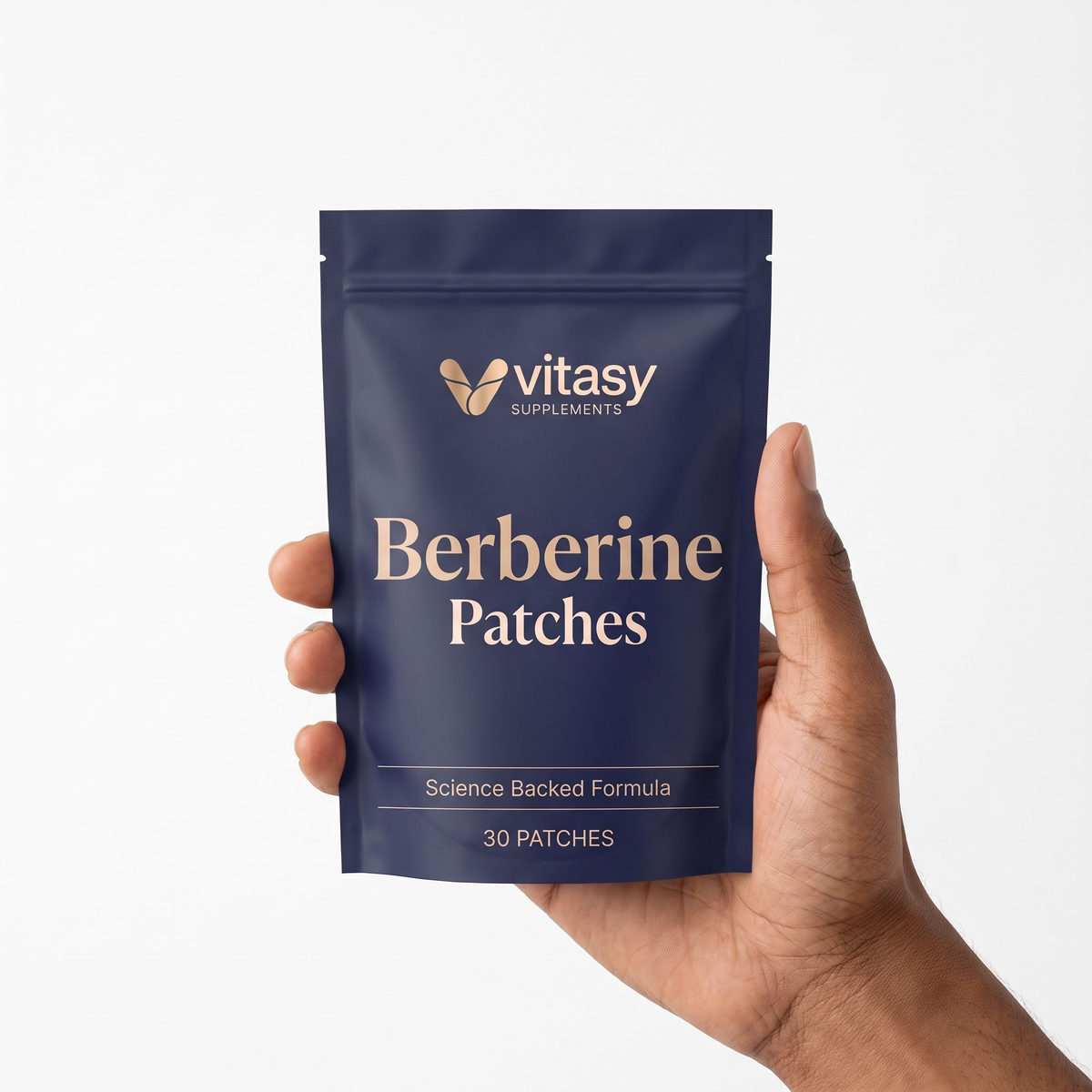 Hand holding a Vitasy Berberine Patches pouch