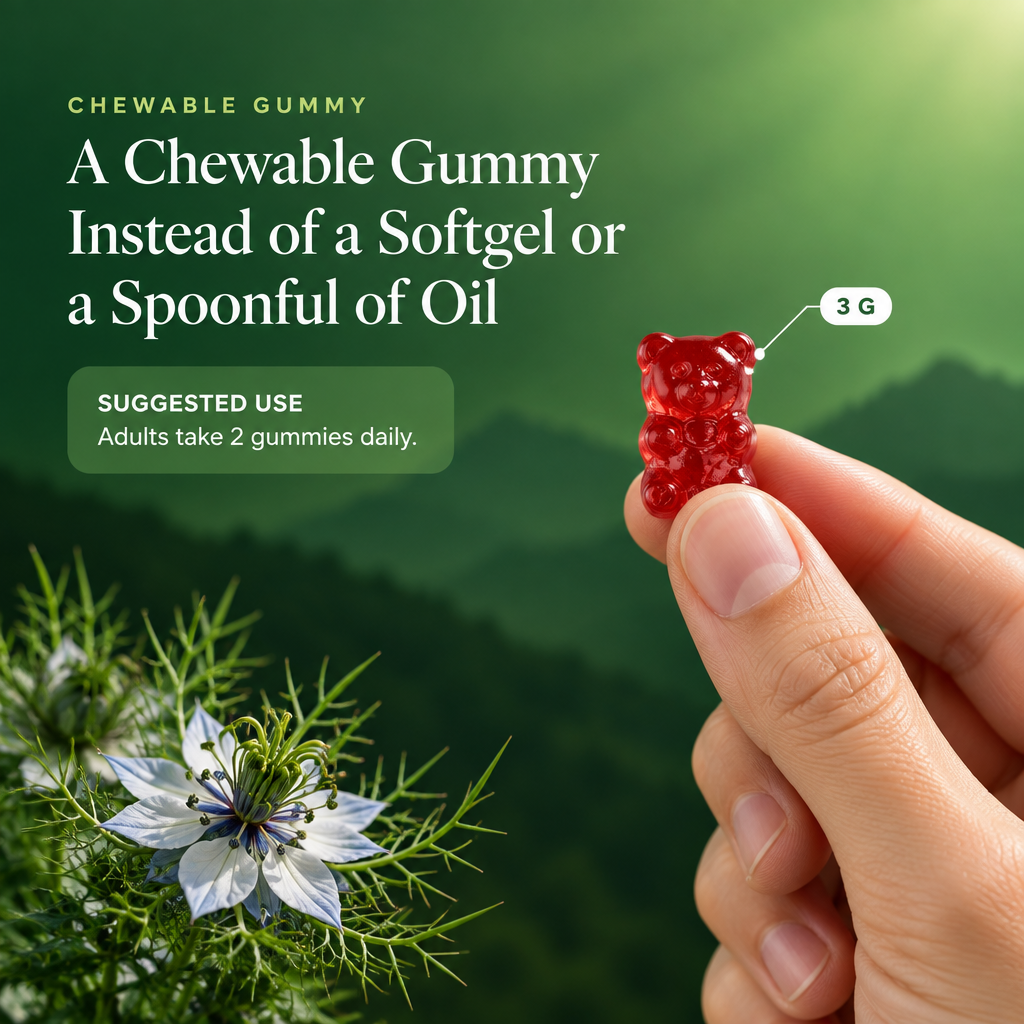 Black Seed Oil Gummies in Four Fruit Flavors - Full Spectrum Cold Pressed Oil - 1000mg Per Serving - 60 Gummies
