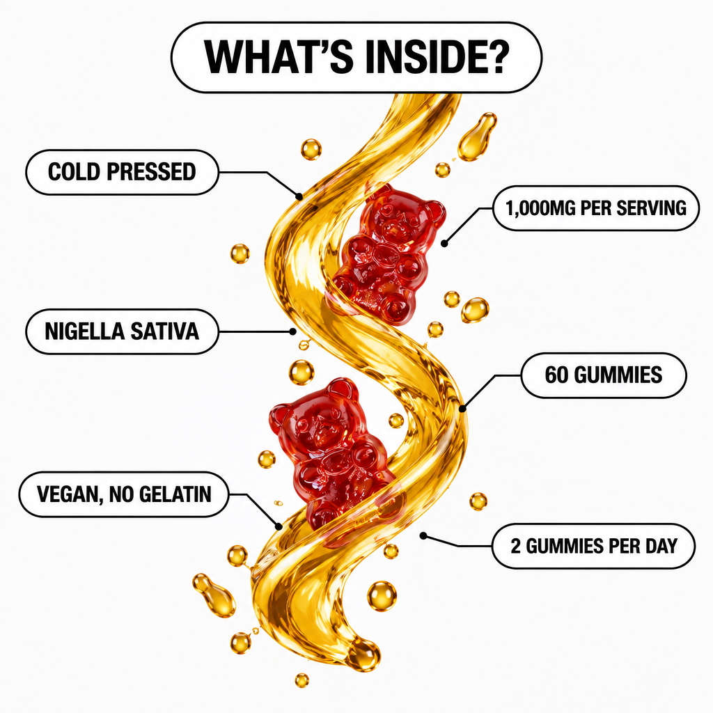 Black Seed Oil Gummies - Cold Pressed from Nigella Sativa Seeds - 1000mg Black Seed Oil Per Serving - 60 Gummies, 30 Servings