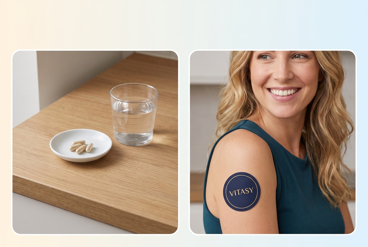 Capsules and a glass of water next to a woman wearing a Vitasy patch