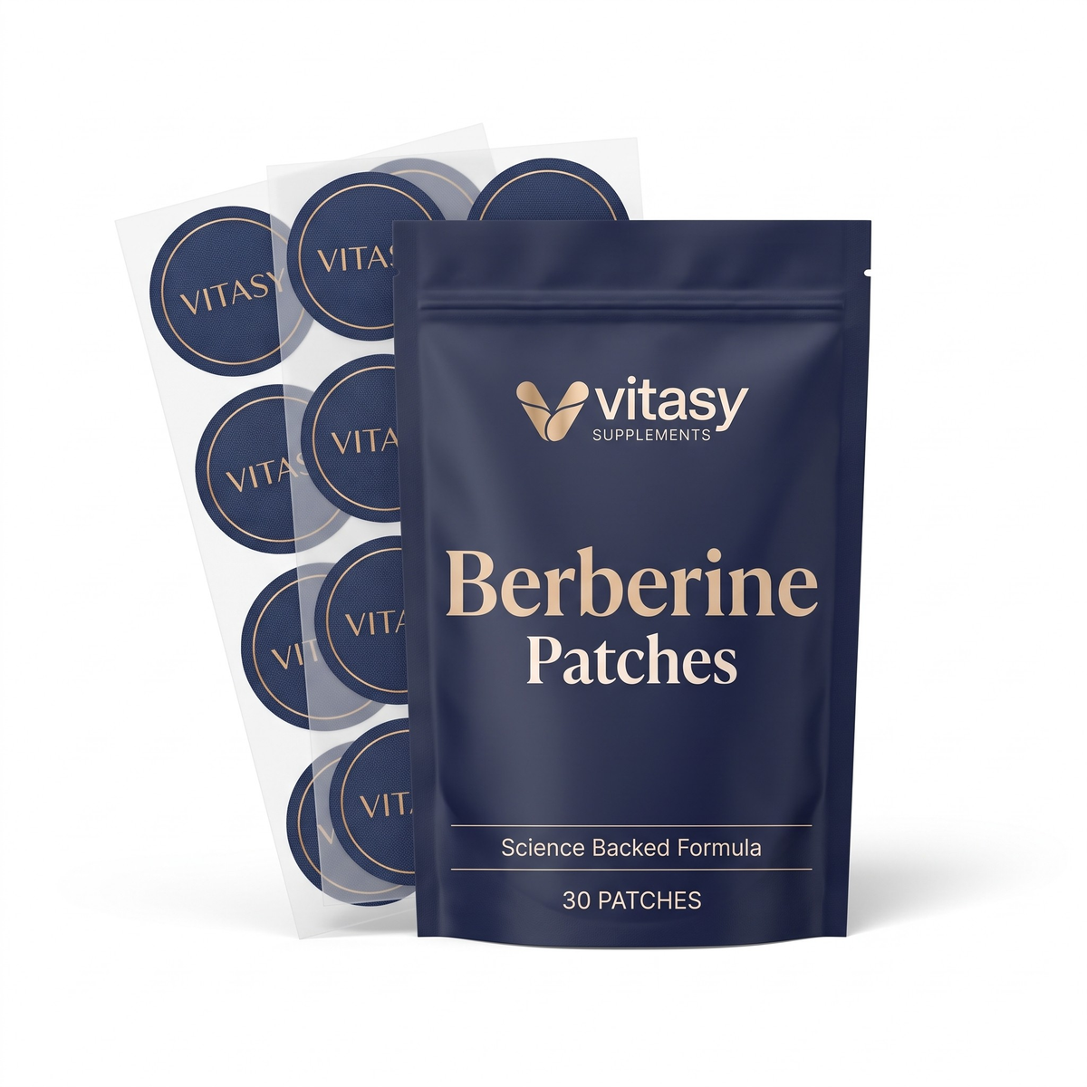 Vitasy Berberine Patches pouch with round navy patches