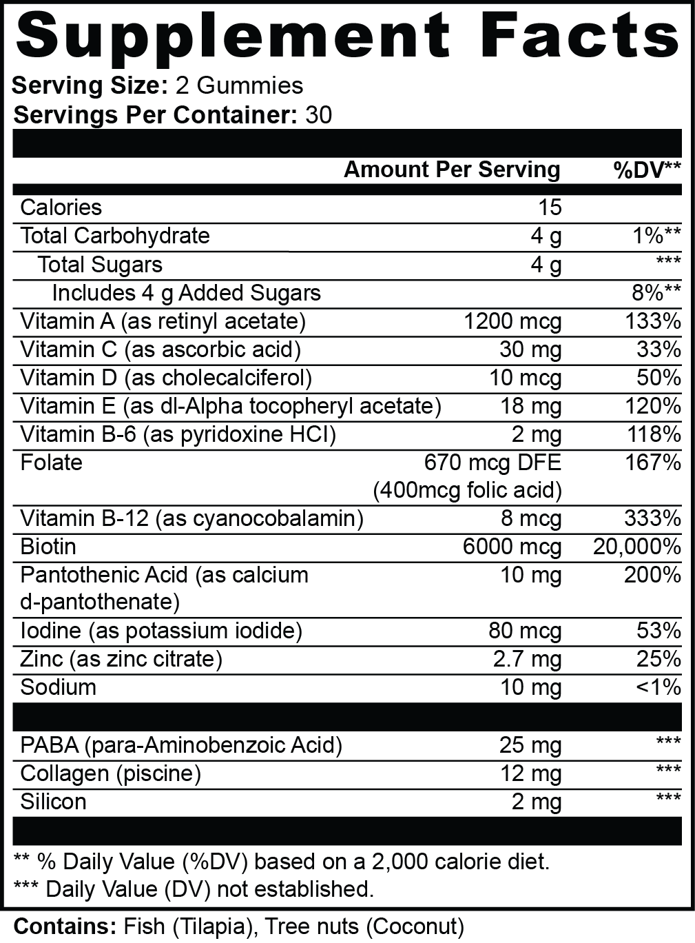 Supplement facts panel for VERA Hair, Skin & Nails Gummies, 14 active ingredients, 30 servings