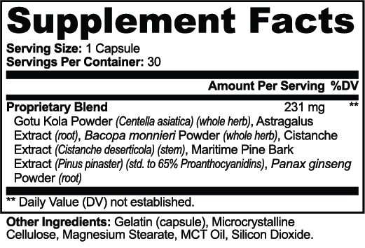 Supplement facts panel for CORTEX Gotu Kola & Bacopa Clarity Complex: 231 mg proprietary blend of six botanicals, 30 capsules, one capsule per serving.