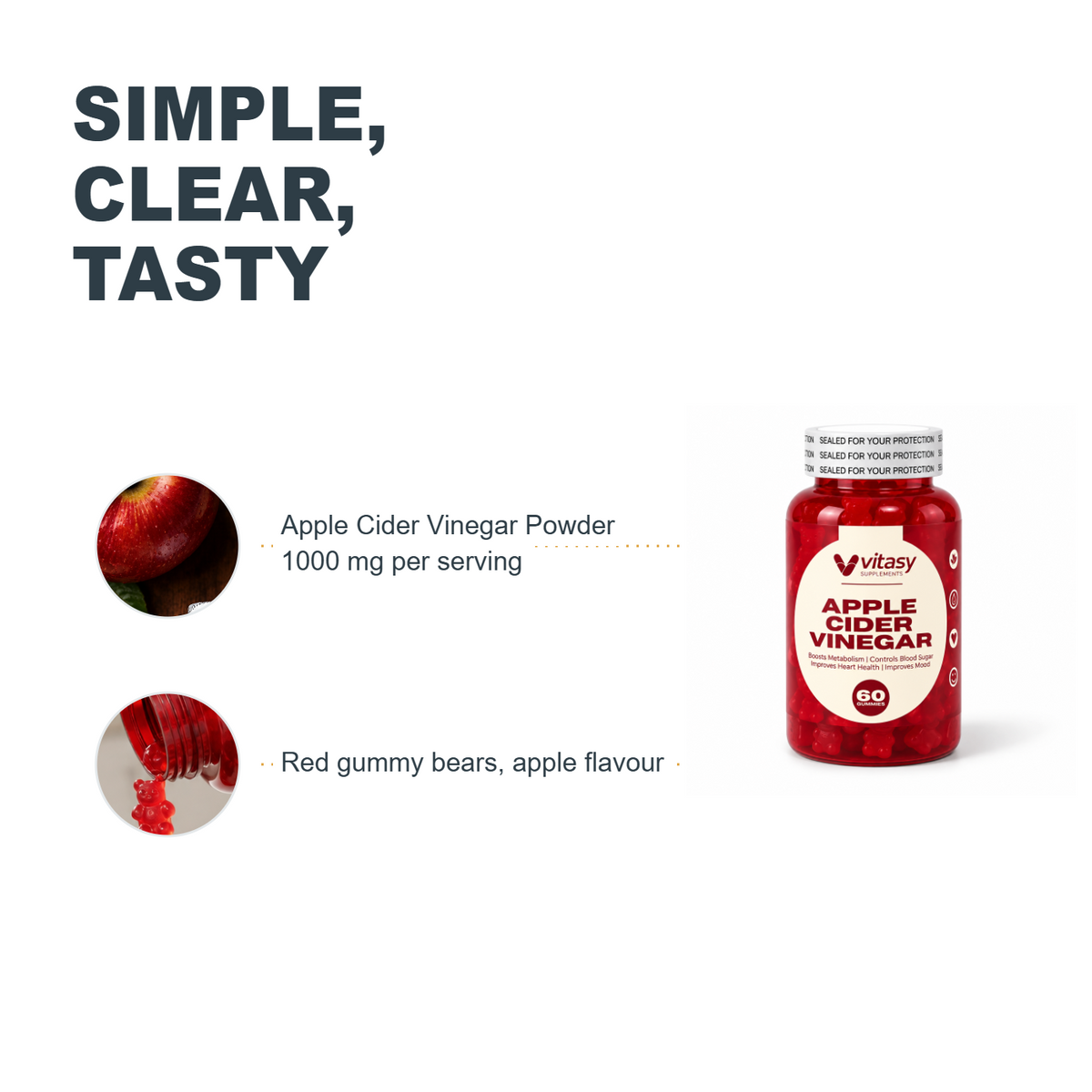 Apple cider vinegar powder 1000 mg per serving and red apple flavoured gummy bears
