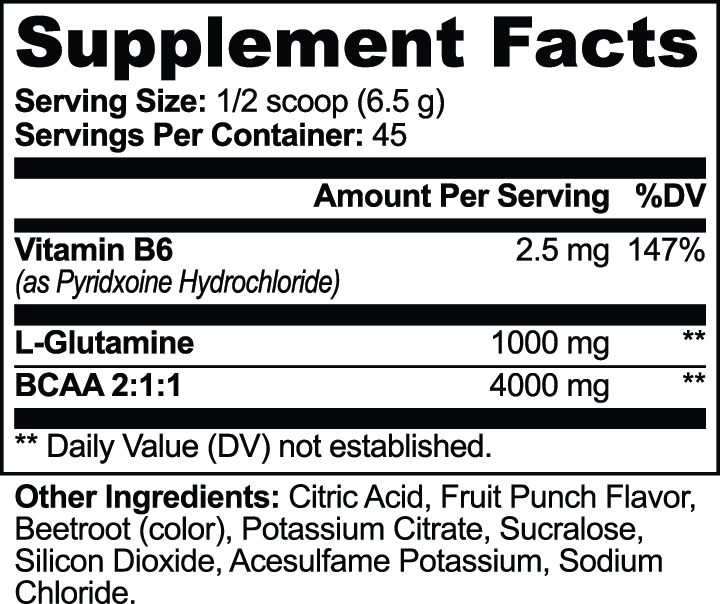Supplement facts panel for KINETIC BCAA Shock Powder 2:1:1 with L-Glutamine and Vitamin B6, fruit punch