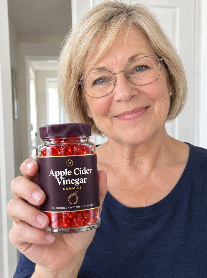 Woman holding a jar of Vitasy Apple Cider Vinegar Gummies in a hallway