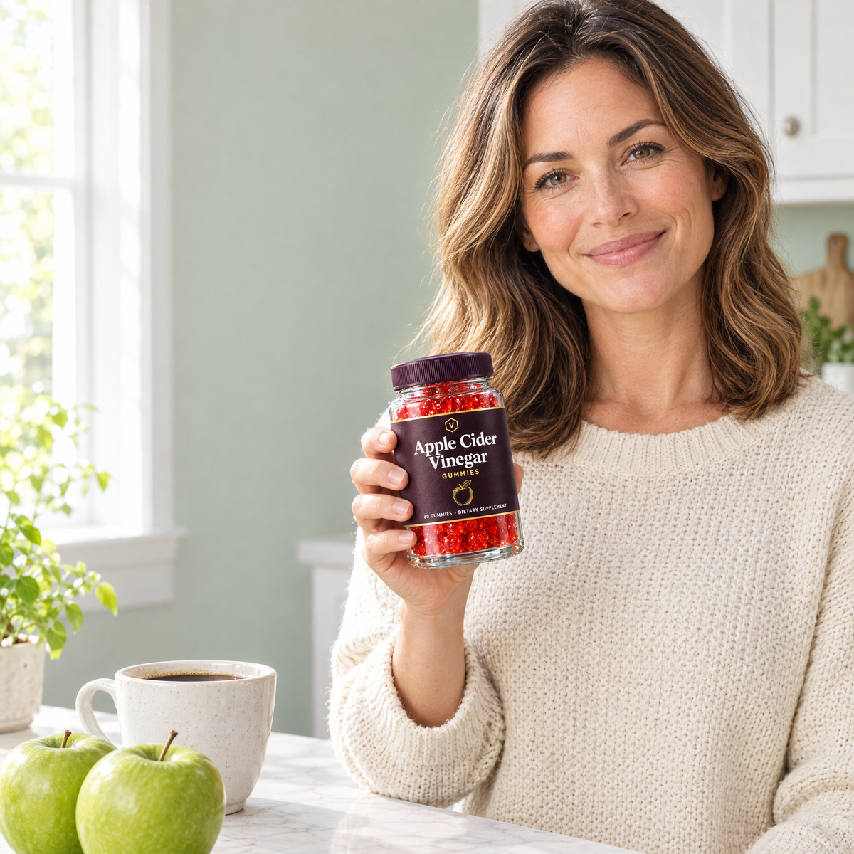 Woman in a kitchen holding a jar of Vitasy Apple Cider Vinegar Gummies