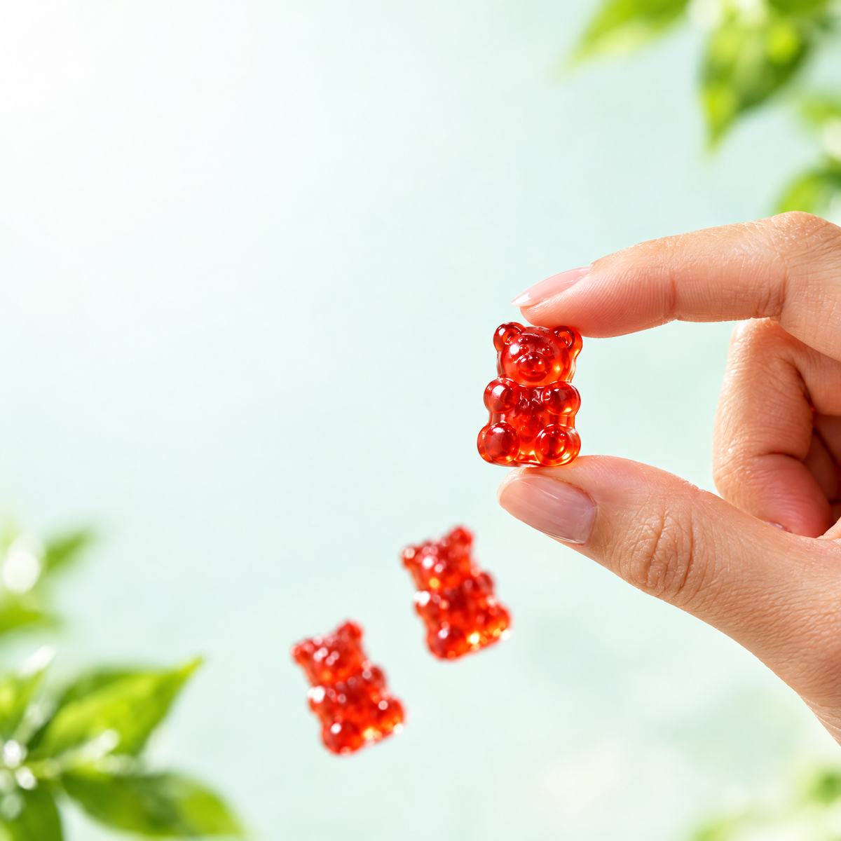 Hand holding one red apple cider vinegar gummy bear