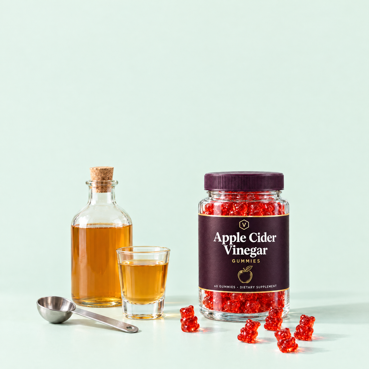 Vitasy ACV gummies jar next to a bottle and shot glass of liquid vinegar