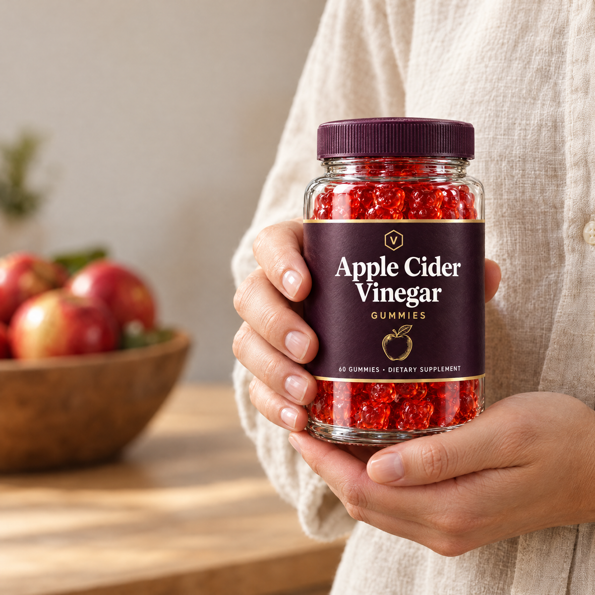 Hands holding a jar of Vitasy Apple Cider Vinegar Gummies
