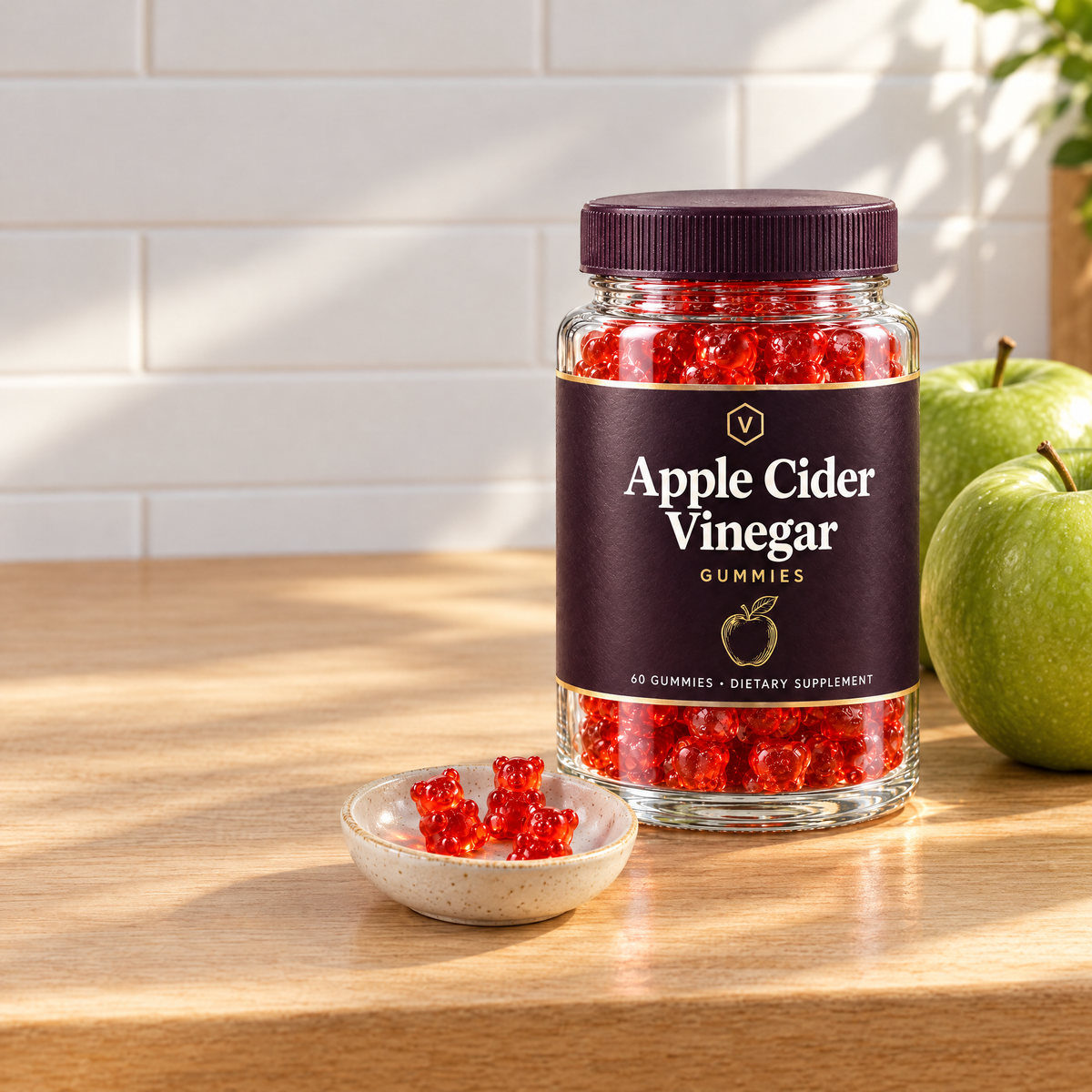 Vitasy Apple Cider Vinegar Gummies jar on a kitchen counter with green apples