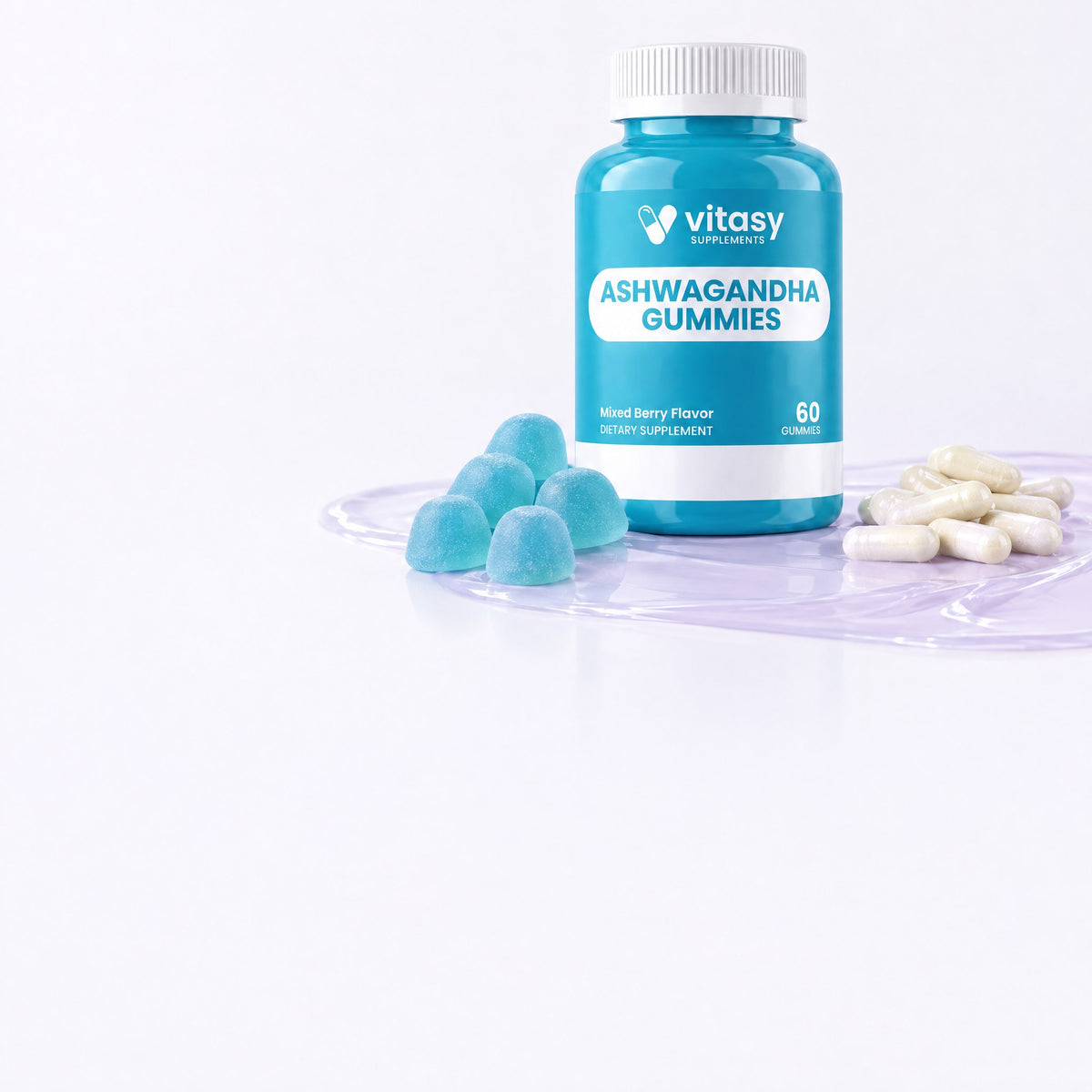 Vitasy Ashwagandha Gummies next to capsules