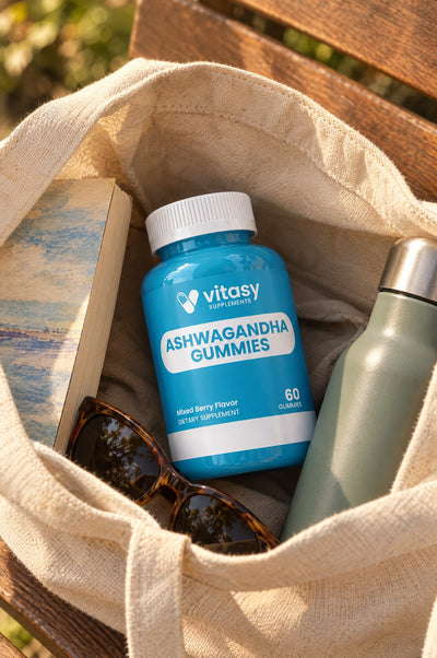 Vitasy Ashwagandha Gummies in a tote bag