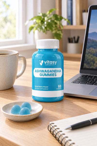 Vitasy Ashwagandha Gummies on a desk