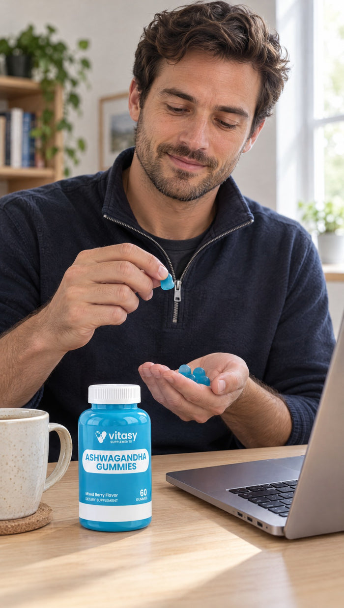 Man at a desk with a bottle of Vitasy Ashwagandha Gummies