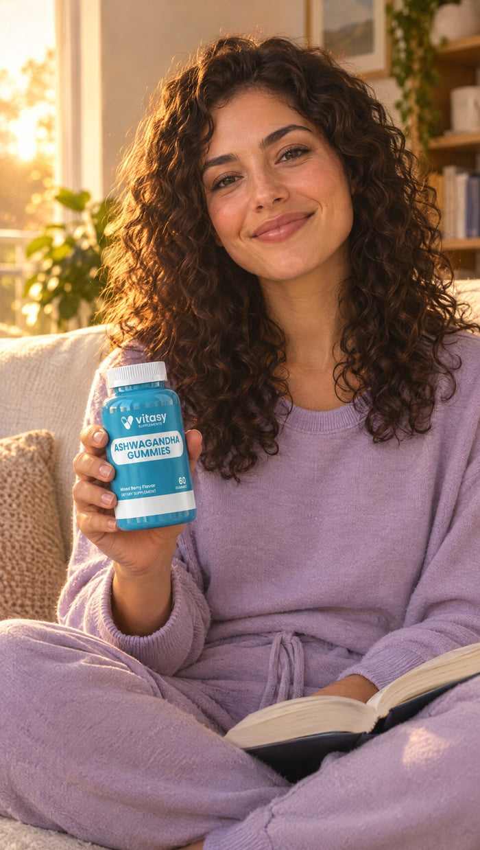 Woman on a sofa holding Vitasy Ashwagandha Gummies
