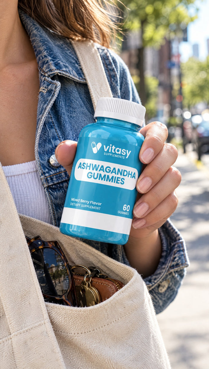 Bottle of Vitasy Ashwagandha Gummies taken from a tote bag
