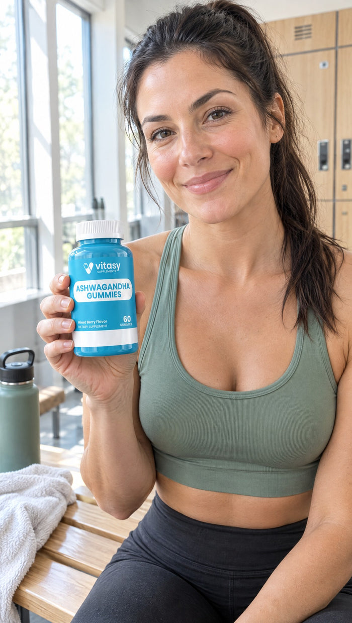 Woman in a gym holding Vitasy Ashwagandha Gummies