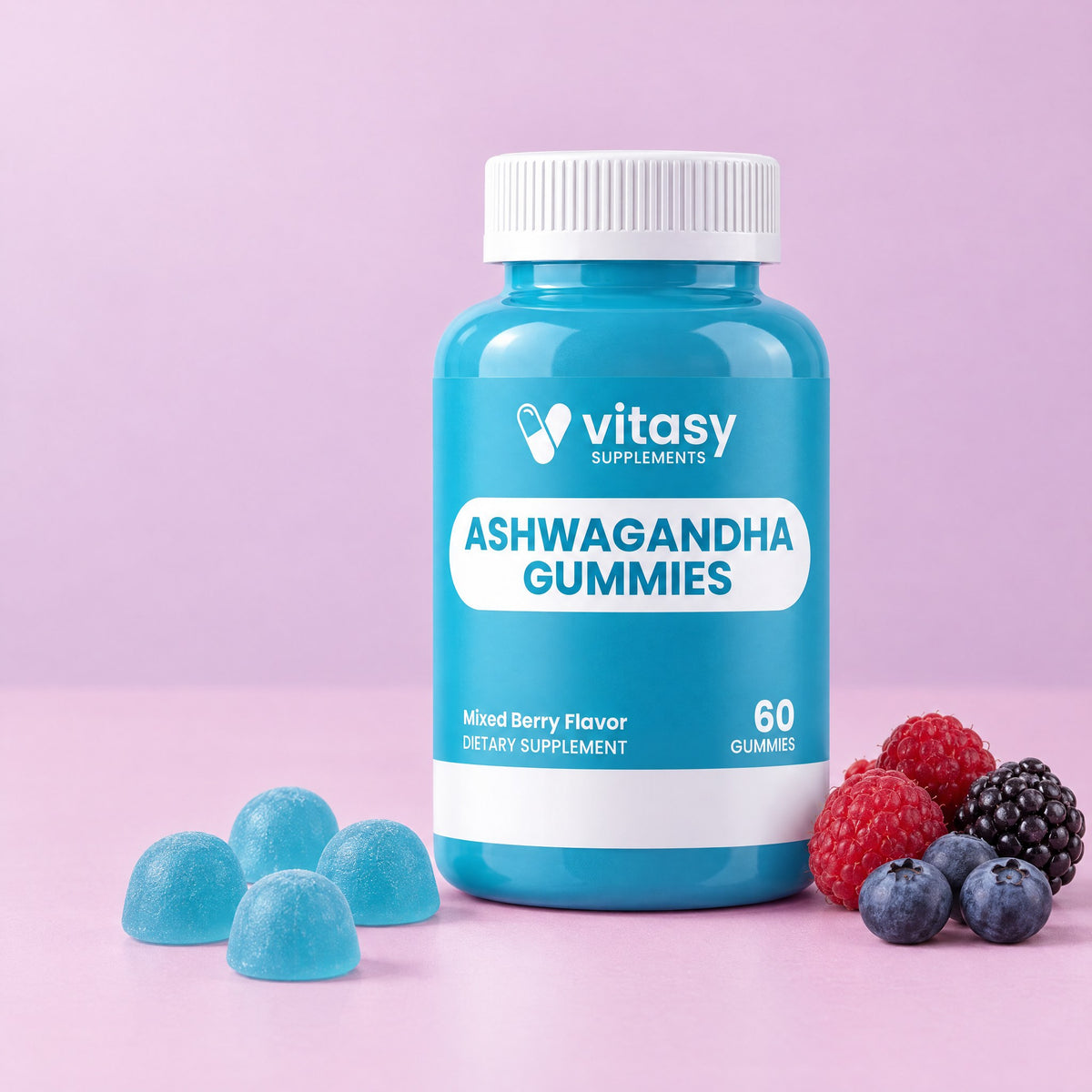 Vitasy Ashwagandha Gummies bottle with blue gummies and berries