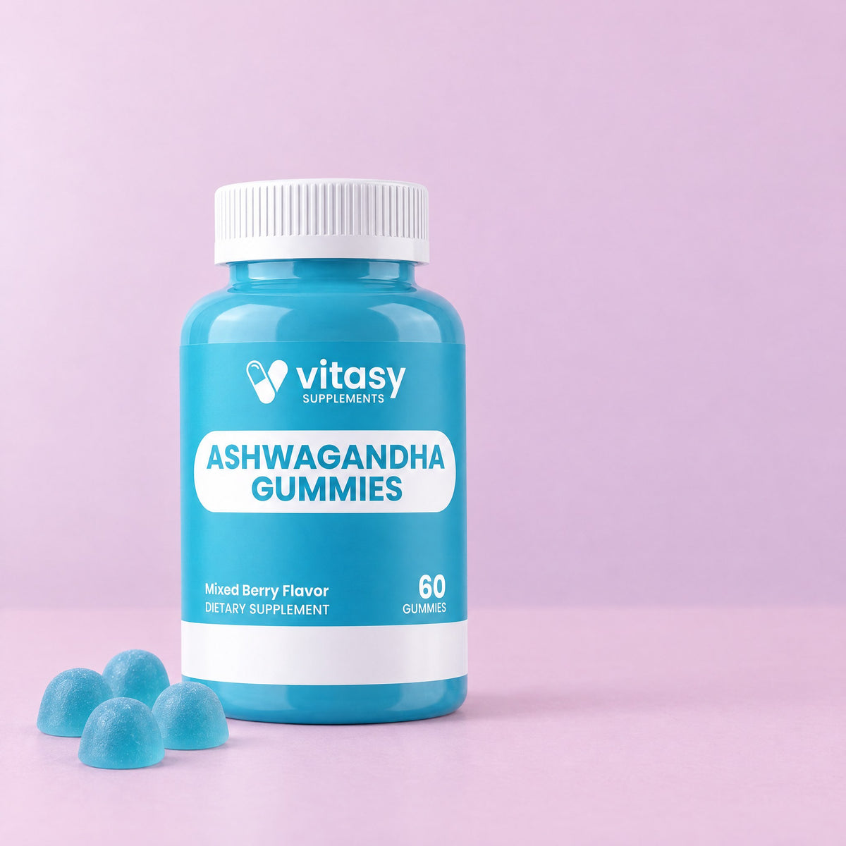 Vitasy Ashwagandha Gummies bottle with blue gummies