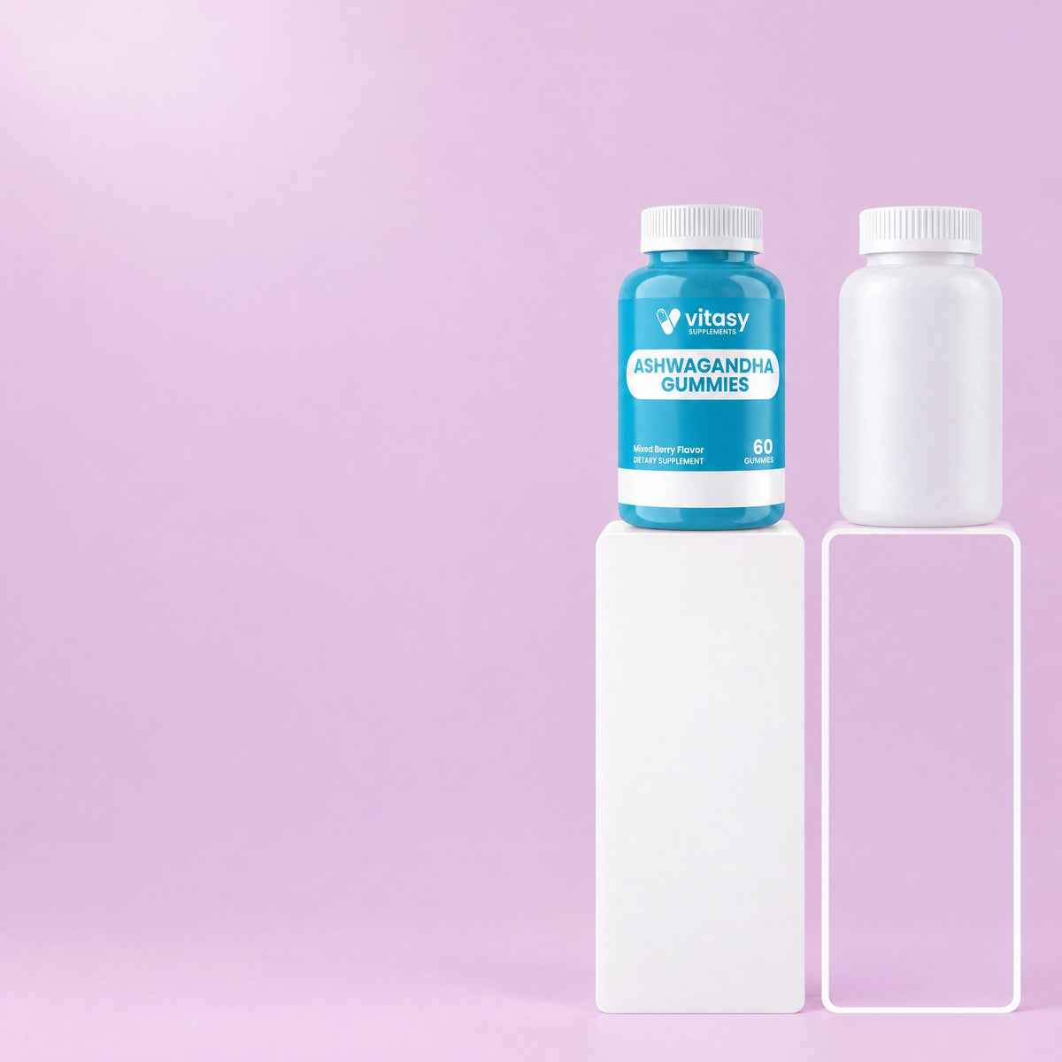 Vitasy Ashwagandha Gummies next to a plain capsule bottle