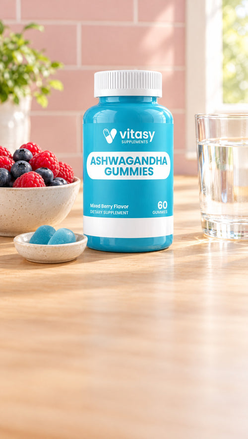 Vitasy Ashwagandha Gummies bottle on a sunny kitchen counter with berries