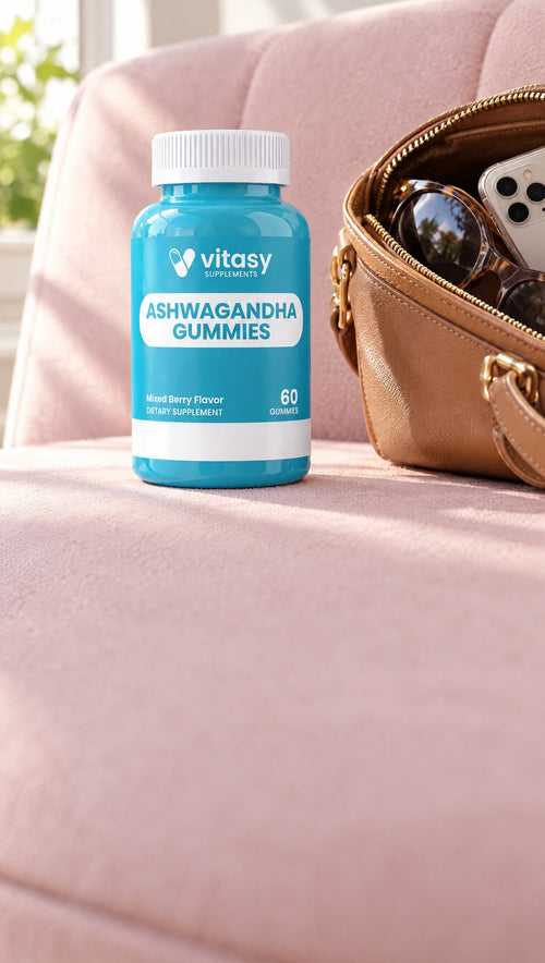 Vitasy Ashwagandha Gummies next to a handbag