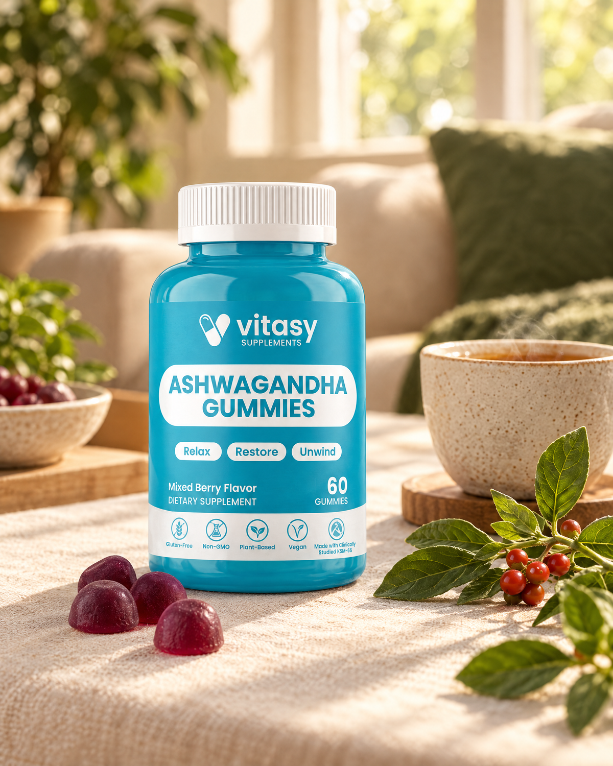 Vitasy Ashwagandha Gummies on a sunlit table with tea and ashwagandha leaves