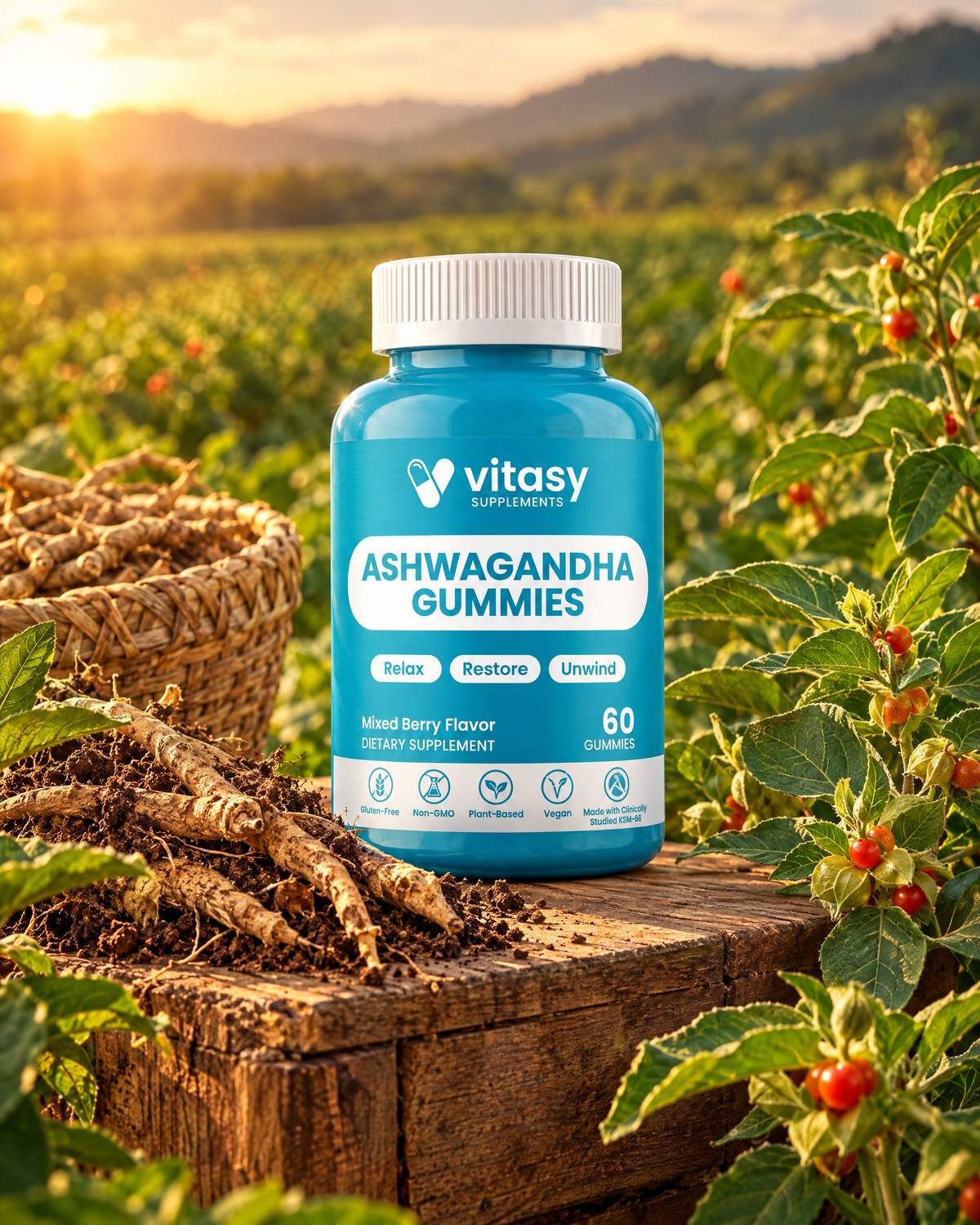 Vitasy Ashwagandha Gummies on a wooden crate with fresh ashwagandha roots in a farm field