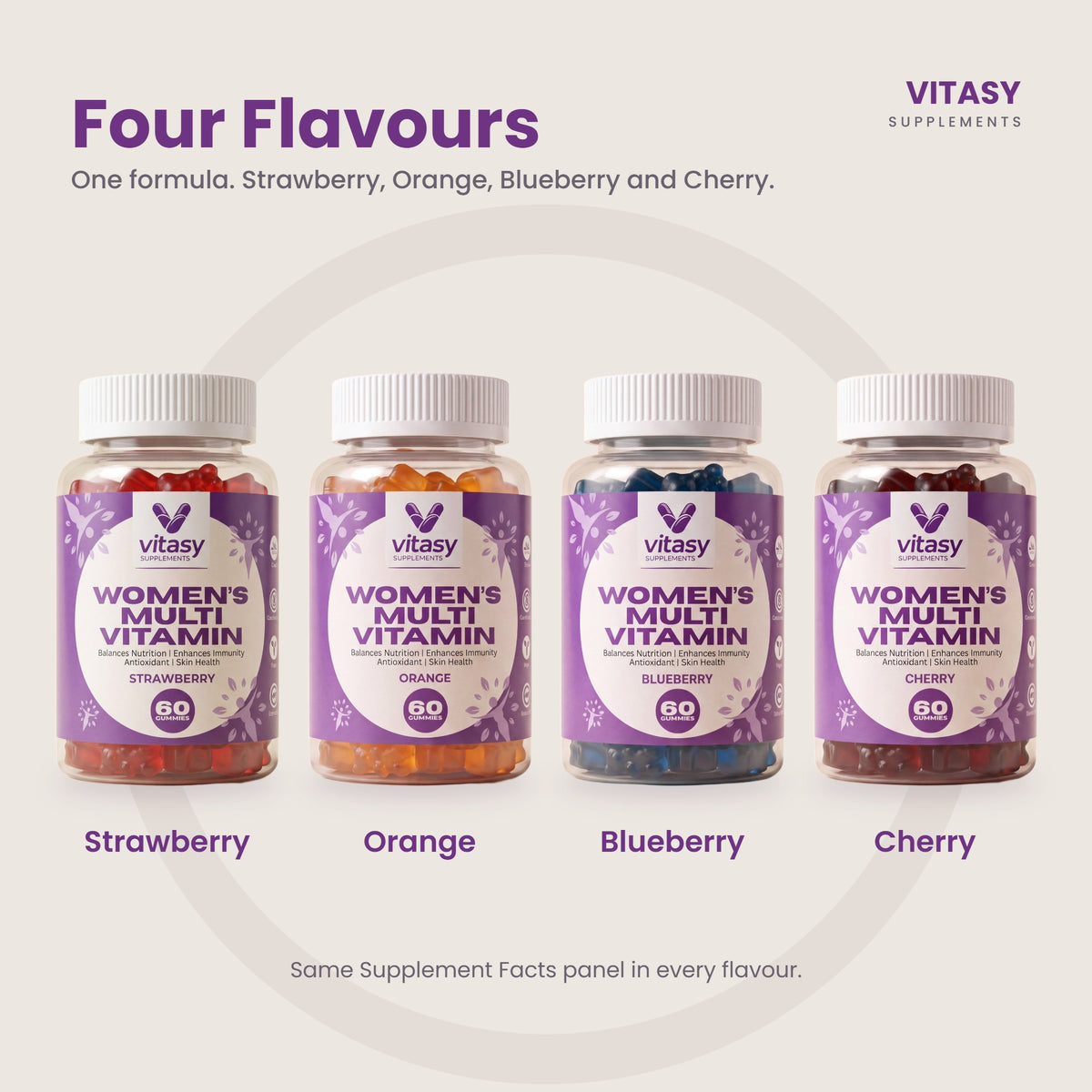 Four flavours - Strawberry, Orange, Blueberry and Cherry Vitasy Women's Multivitamin Gummies