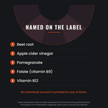 Named on the label - beet root, apple cider vinegar, pomegranate, folate and vitamin B12