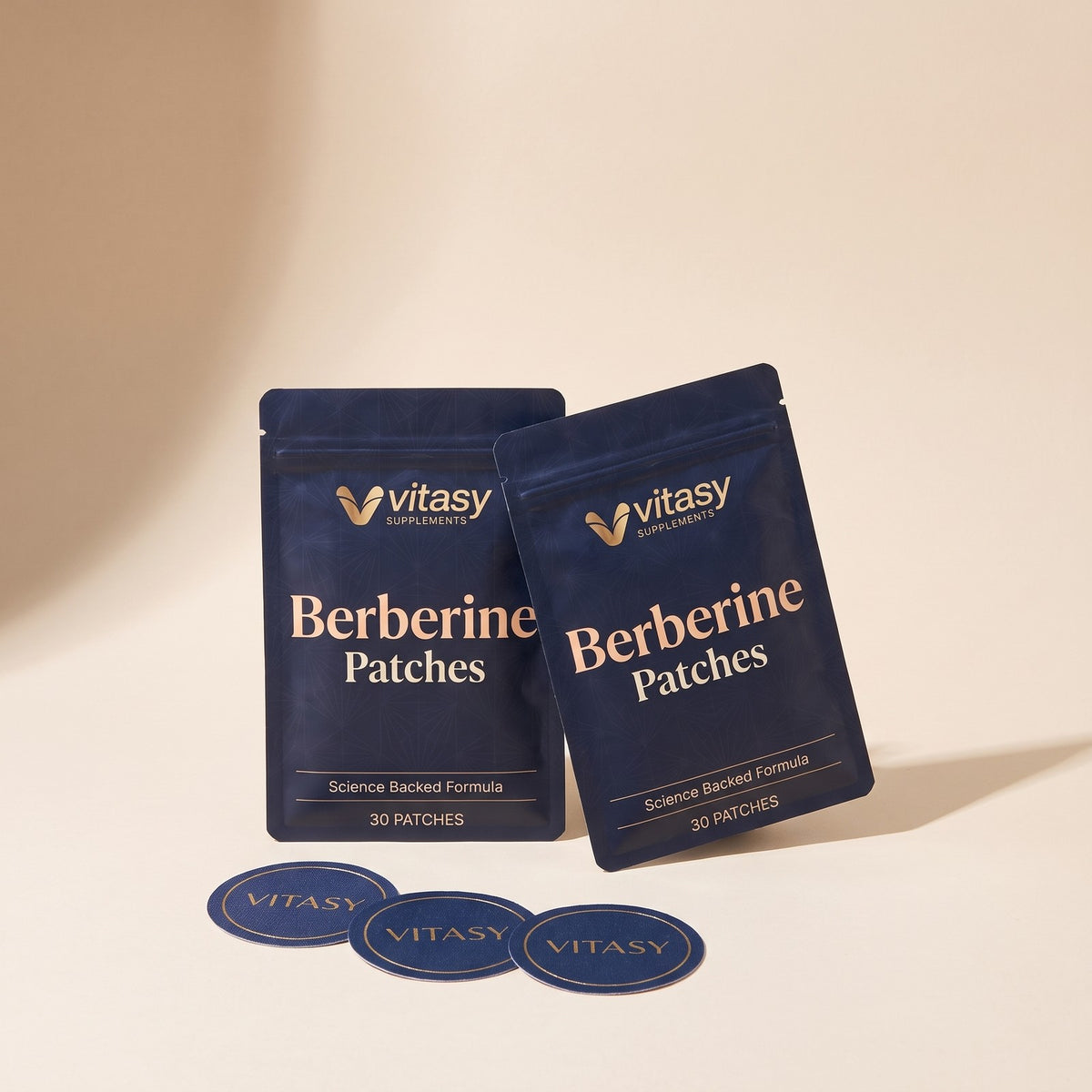 Two Vitasy Berberine Patches pouches with navy patches