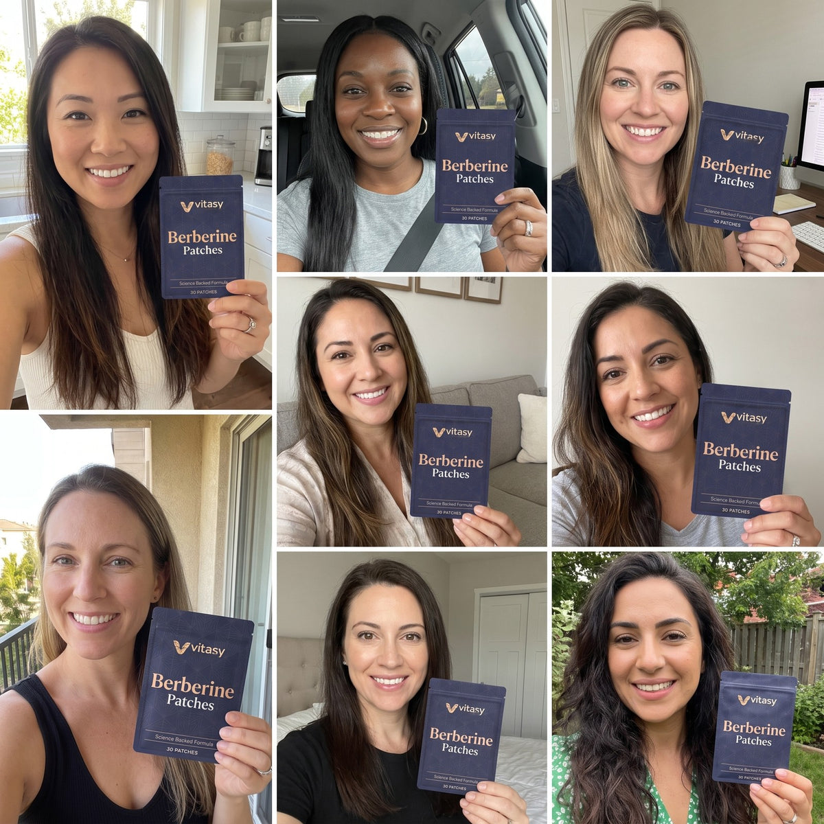Collage of women holding Vitasy Berberine Patches pouches