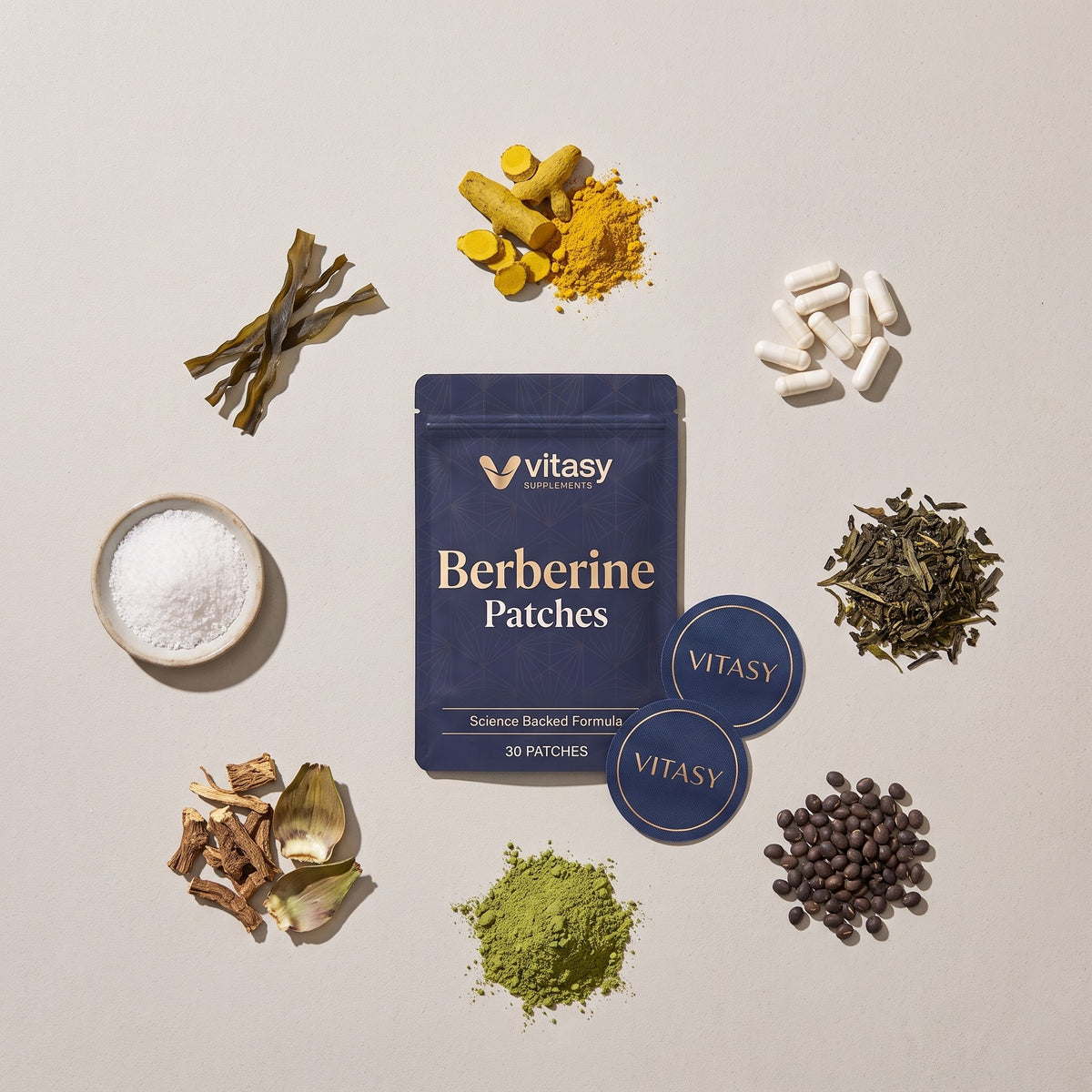 Vitasy Berberine Patches pouch surrounded by its eight ingredients