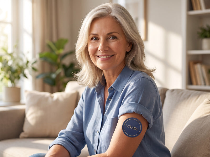 Smiling woman wearing a Vitasy patch on her upper arm