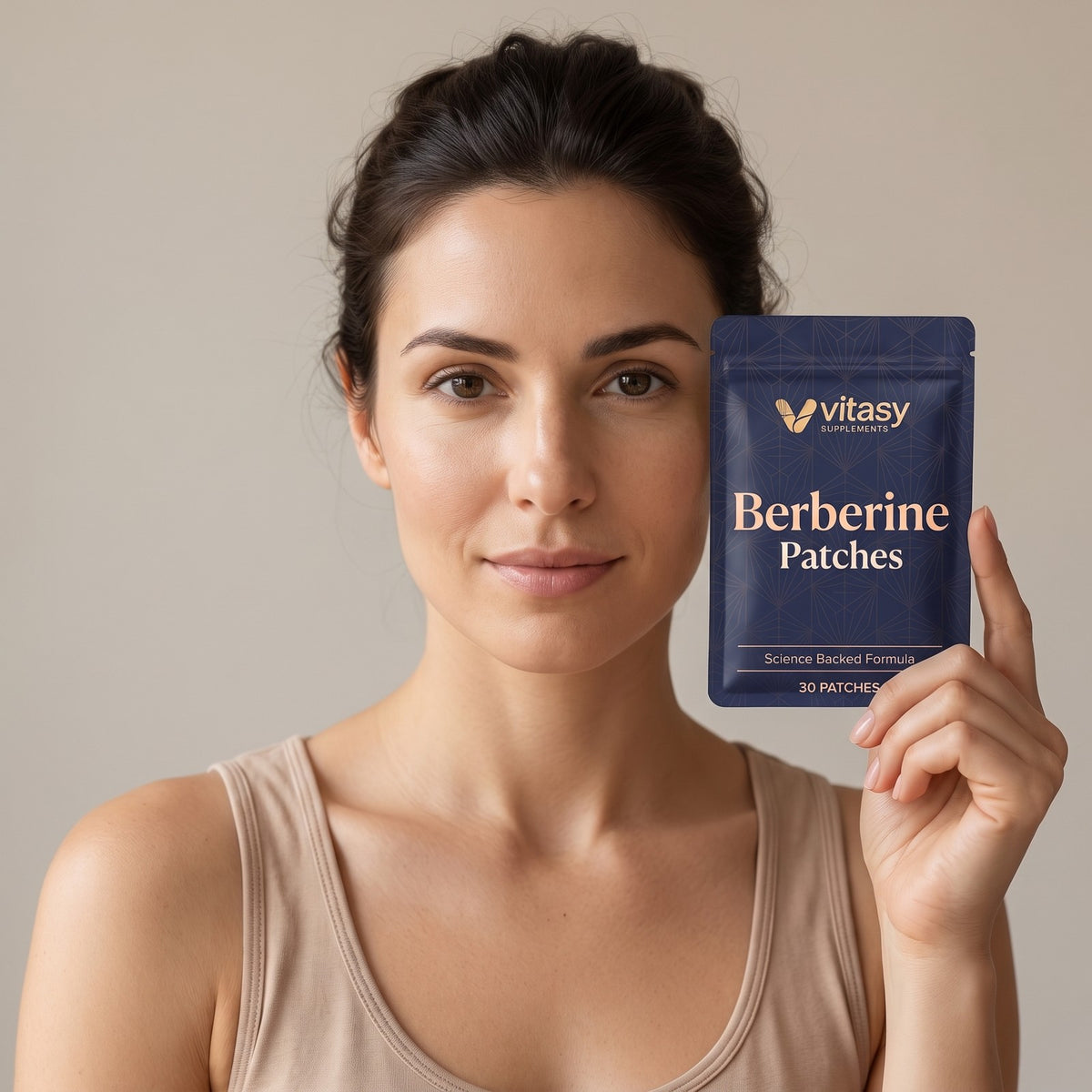 Woman holding a Vitasy Berberine Patches pouch
