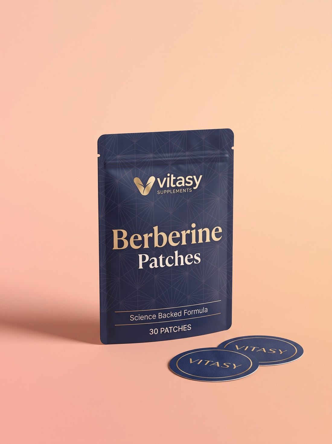 Vitasy Berberine Patches pouch on a soft peach background