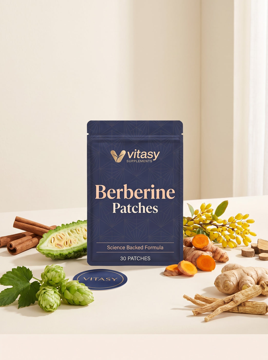 Vitasy Berberine Patches pouch surrounded by cinnamon, ginger, ginseng, turmeric, bitter melon and hops
